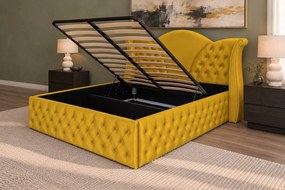 Pat tapițat Chesterfield din catifea Velora Deluxe Classic 160×200 cm, galben muștar, cu ladă de depozitare