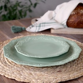 Farfurie întinsă din porțelan verde mentă, D27 cm, model dantelă în relief, „Provence"