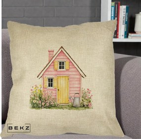Perna Decorativa Casuta Roz Acuarela cu Gradina, 40x40 cm, Crem, Husa Detasabila, Perna Inclusa, BEKZ®