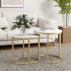 HOMCOM Set 2 Măsuțe de Cafea cu Blat cu Efect de Marmură din MDF și Oțel, Ø50x50.5 cm și 60x36x43.5 cm, Alb și Auriu | Aosom Romania