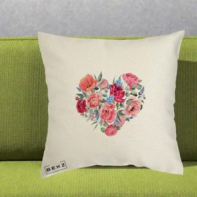 Perna Decorativa Inima din Bujori Acuarela, 40x40 cm, Ecru, Husa Detasabila, Perna Inclusa, BEKZ®