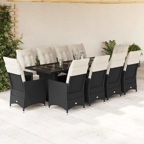 3277236 vidaXL Set bistro de grădină, 11 piese, cu perne, negru, poliratan