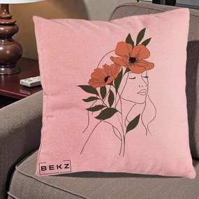 Perna Decorativa Portret Feminin Doua Maci Terracotta, 40x40 cm, Roz, Husa Detasabila, Perna Inclusa, BEKZ®