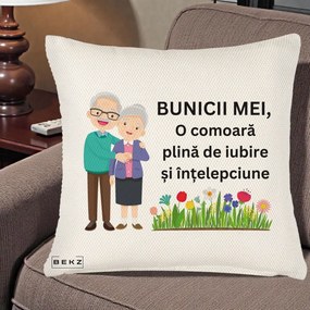 Cadou pentru Bunici - Perna Personalizata Bunicii Mei Comoara Cuplu Senior cu Flori Colorat, 40x40 cm, Crem Reliefat, Husa Detasabila, Perna Inclusa, BEKZ®