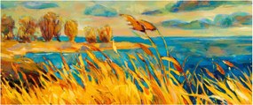 Tablou - Apus de soare peste lac, pictură acrilică (120x50 cm)