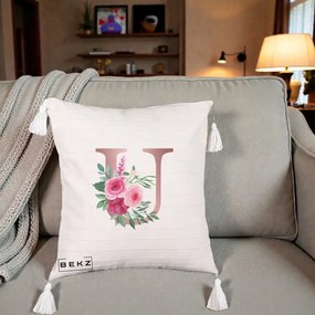 Cadou Personalizat - Perna Personalizata Monograma Rose Gold Litera U, 40x40 cm, Bej cu Franjuri, Husa Detasabila, Perna Inclusa, BEKZ®