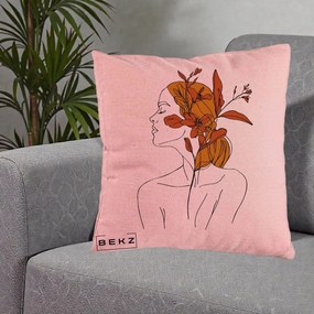 Perna Decorativa Portret Feminin Crin Ruginiu Auriu, 40x40 cm, Roz, Husa Detasabila, Perna Inclusa, BEKZ®