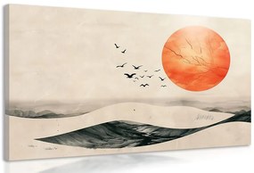 Tablou peisaj japandi cu lună portocalie