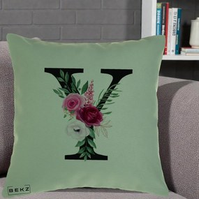 Cadou Personalizat - Perna Personalizata Monograma Florala Litera Y cu Buchet, 40x40 cm, Verde, Husa Detasabila, Perna Inclusa, BEKZ®