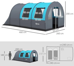 Outsunny Cort de Camping Impermeabil, Cort cu 5 Locuri, Zonă Separată de Dormit și Living, 480x260x200 cm, Gri și Albastru | Aosom Romania