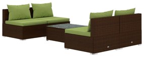Set mobilier de gradina cu perne, 5 piese, maro, poliratan maro si verde, 4x mijloc + masa, 1
