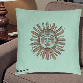 Perna Decorativa Soare Roz Tribal, 40x40 cm, Verde Menta, Husa Detasabila, Perna Inclusa, BEKZ®