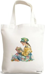 Sacosa de Panza pentru Cumparaturi, Geanta Tote, model The bookie girl 38 38 x 34.5 cm, Alba, BEKZ®