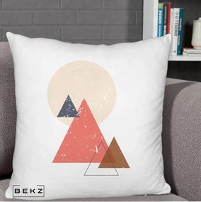 Perna Decorativa Geometric Munti si Soare, 40x40 cm, Alb Pufos, Husa Detasabila, Perna Inclusa, BEKZ®