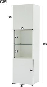 Vitrină lucioasă cu iluminare LED, 1 raft de sticlă, 45x35x160 cm, Alb