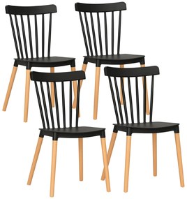 HOMCOM Set de 4 scaune stil scandinav cu spătar înalt, șezut din polipropilenă, picioare din lemn de fag 48 x 52,5 x 83 cm negru | Aosom Romania
