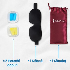 Masca de dormit Suporto 3D cu saculet Bordo, masca de somn premium, reglabila, blochează lumina în totalitate, cu 2 Seturi de dopuri de urechi incluse
