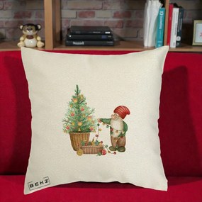 Perna Decorativa Pitic de Craciun cu Brad, 40x40 cm, Ecru, Husa Detasabila, Perna Inclusa, BEKZ®