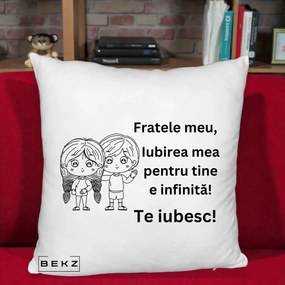 Cadou pentru Frate - Perna Personalizata Fratele Meu Te Iubesc Copii Anime Line Art Negru, 40x40 cm, Alb Pufos, Husa Detasabila, Perna Inclusa, BEKZ®