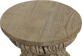 Măsuță laterală sculptată rotundă din lemn de tec, natur, cu bază în formă de clepsidră și decor geometric, 43 x 40 cm, „Karno”