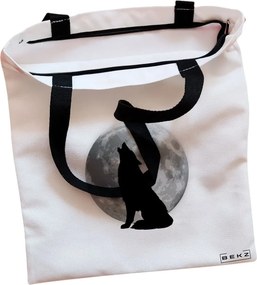 Sacosa de Panza pentru Cumparaturi, Geanta Tote, model Lup si Luna, Cu fermoar, 38x34.5 cm, Alba, BEKZ®