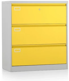 Dosar metalic cu două rânduri A4 - 3 sertare, 90 x 45 x 102 cm, încuietoare cu cilindru, galben - ral 1023
