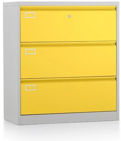 Dosar metalic cu două rânduri A4 - 3 sertare, 90 x 45 x 102 cm, încuietoare cu cilindru, galben - ral 1023