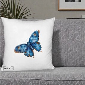 Perna Decorativa Fluture Albastru Satin cu Pete Aurii, 40x40 cm, Alb Pufos, Husa Detasabila, Perna Inclusa, BEKZ®