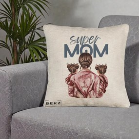 Cadou pentru Mama - Perna Personalizata Super Mom of Girls Mama cu Gemene, 40x40 cm, Bej Canapea, Husa Detasabila, Perna Inclusa, BEKZ®