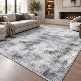 Covor cameră antiderapant Welsoft Plus, model abstract, gri, 80x200 cm