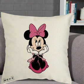 Perna Personalizata Minnie Mouse cu Fundita, 40x40 cm, Ecru, Husa Detasabila, Perna Inclusa, BEKZ®