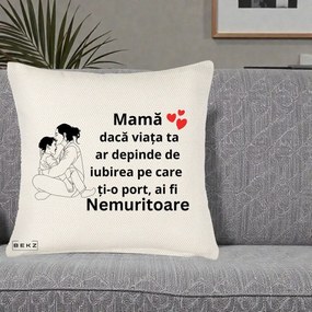 Cadou pentru Mama - Perna Personalizata Mama Nemuritoare Kawaii, 40x40 cm, Crem Reliefat, Husa Detasabila, Perna Inclusa, BEKZ®