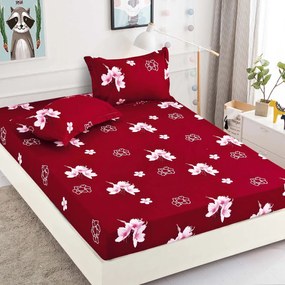 Husa de pat cu elastic din Bumbac Finet + 2 Fete de Perna, Grena Flowers