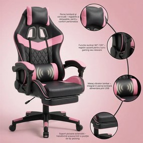 Scaun gaming, sistem iluminare bandă LED RGB, masaj în perna lombară, suport picioare, Negru/Roz