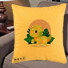 Perna Decorativa Triceratops Kawaii Verde, 40x40 cm, Galben, Husa Detasabila, Perna Inclusa, BEKZ®