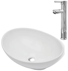 275497 vidaXL Chiuvetă de baie cu robinet mixer, ceramică, oval, alb