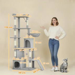 Pawhut Ansamblu de joacă pentru Pisici de 170 cm cu 7 Stâlpi Zgâriători, 2 Căsuțe, Hamac, Gri Deschis | Aosom Romania
