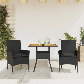 3278711 vidaXL Set mobilier grădină perne 3 piese negru poliratan/lemn acacia