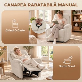 HOMCOM Fotoliu Reclinabil Manual Compact cu Suport pentru Picioare, Catifea Crem | Aosom Romania