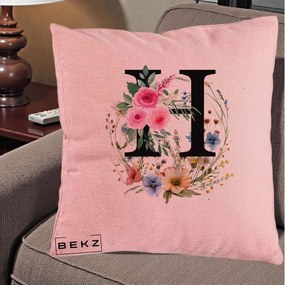 Cadou Personalizat - Perna Personalizata Monogram Litera H cu Flori Acuarela, 40x40 cm, Roz, Husa Detasabila, Perna Inclusa, BEKZ®