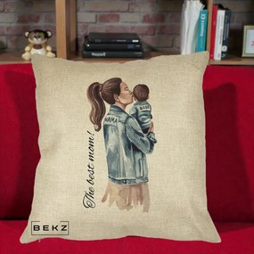 Cadou pentru Mama - Perna Personalizata The Best Mom Jachete, 40x40 cm, Crem, Husa Detasabila, Perna Inclusa, BEKZ®