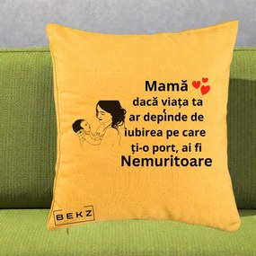 Cadou pentru Mama - Perna Personalizata Mama Nemuritoare Imbratisare Copil, 40x40 cm, Galben, Husa Detasabila, Perna Inclusa, BEKZ®