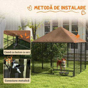 PawHut Gard pentru Câini din Metal cu Ușă pentru Boluri, Gard pentru Câini de Exterior cu Acoperiș, 141x141x151 cm, Negru și Maro