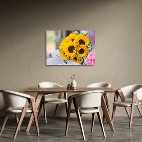 Tablou pe sticlă cu buchetul miresii de floarea soarelui (70x50 cm)