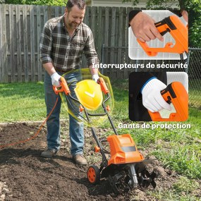 Outsunny Motobineusă electrică 1500W cu mâner pliabil, lățime de lucru 40 cm, adâncime de arat 9 cm, 6 lame, portocaliu | Aosom Romania