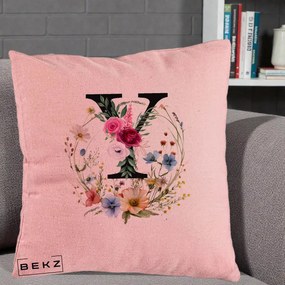 Cadou Personalizat - Perna Personalizata Monograma Florala Litera Y cu Coroana, 40x40 cm, Roz, Husa Detasabila, Perna Inclusa, BEKZ®