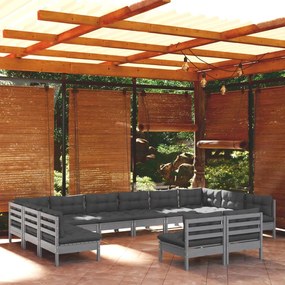 vidaXL Set mobilier relaxare de grădină &amp; perne 12 piese gri lemn pin