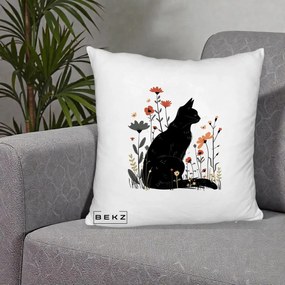 Perna Decorativa Pisica Neagra Profil Flori Portocalii, 40x40 cm, Alb Pufos, Husa Detasabila, Perna Inclusa, BEKZ®