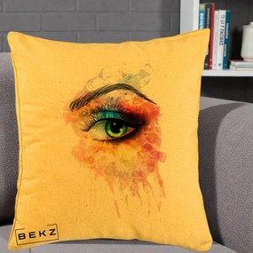 Perna Decorativa Ochi Verde Acuarela, 40x40 cm, Galben, Husa Detasabila, Perna Inclusa, BEKZ®