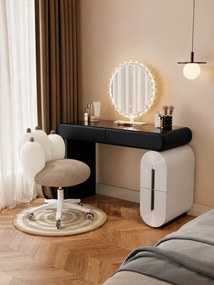Set AURA LUXE – Masă de Toaletă pentru Machiaj, Oglindă iluminată LED, Control touch, Trei tipuri culoare, Scaun, 100 cm, Negru/Bej